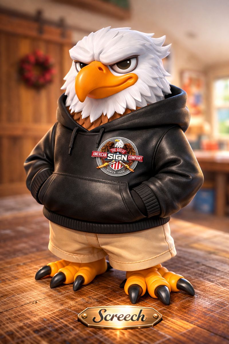 Screech, the Great American Sign Company eagle mascot, wearing a black hoodie with the company crest