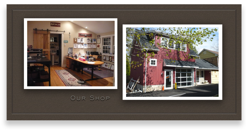 The Basking Ridge sign shop interior and the red barn workshop exterior